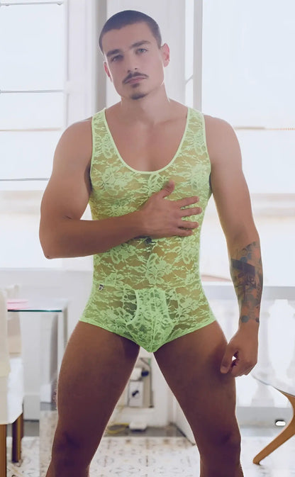 Lime green lace bodysuit with intricate floral patterns from mob men’s lace bodysuit final sale collection