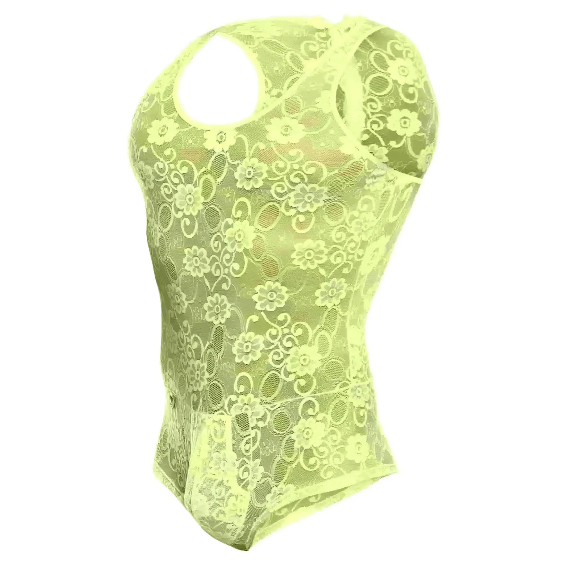 A neon yellow lace bodysuit with floral pattern and cut-out shoulders from mob mens lace bodysuit final sale collection