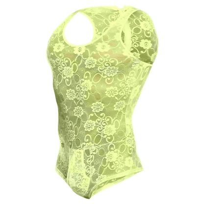 MOB men’s neon yellow lace bodysuit with floral pattern and cut-out shoulders final sale product image