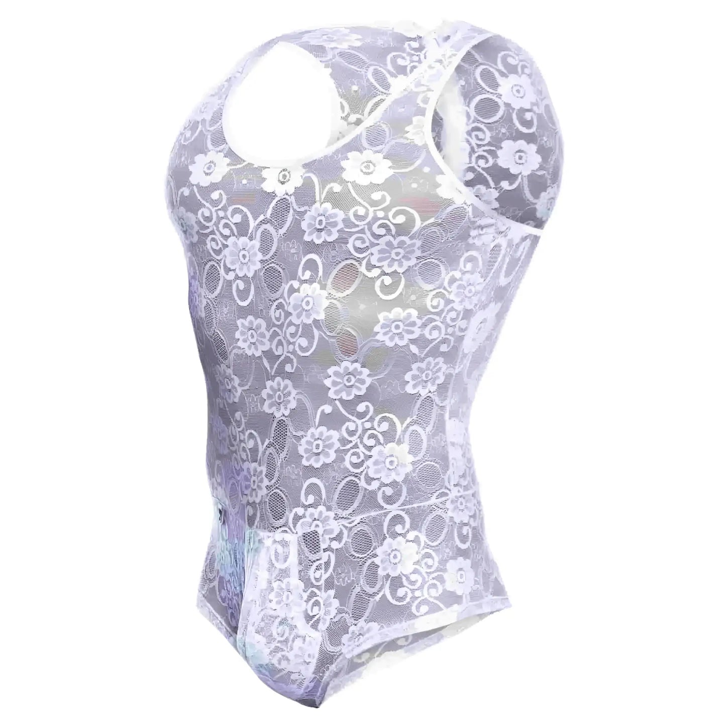 Sheer lavender lace bodysuit with floral pattern and racerback design in mob mens lace bodysuit final sale