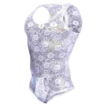 Sheer lavender lace bodysuit with floral pattern and racerback design in mob mens lace bodysuit final sale