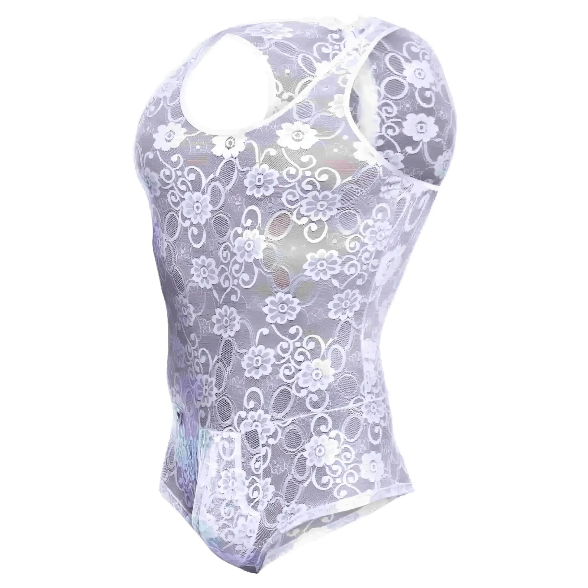 Sheer lavender lace bodysuit with floral pattern and racerback design from mob men’s lace bodysuit final sale back view