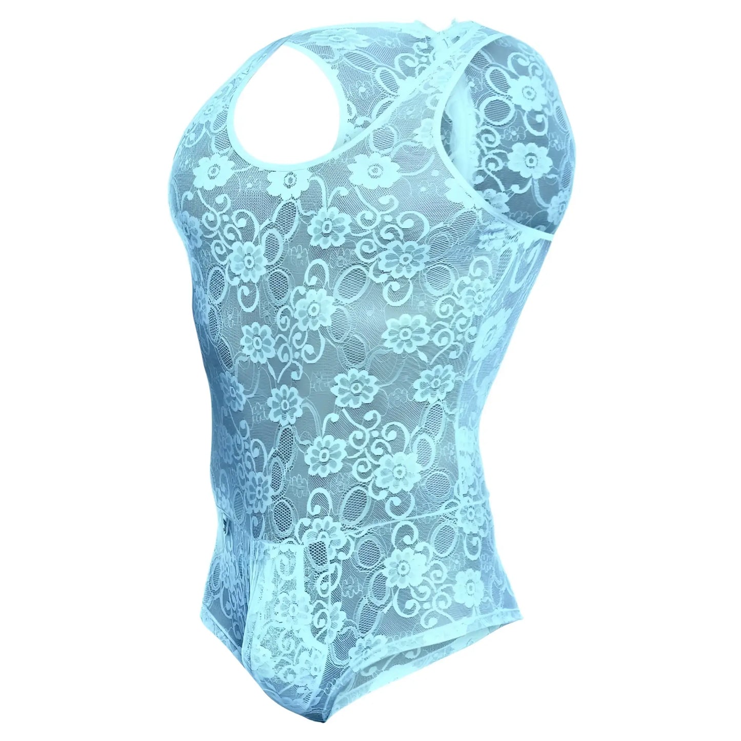 MOB men’s sheer light blue lace bodysuit with floral pattern and racerback design final sale image of back side