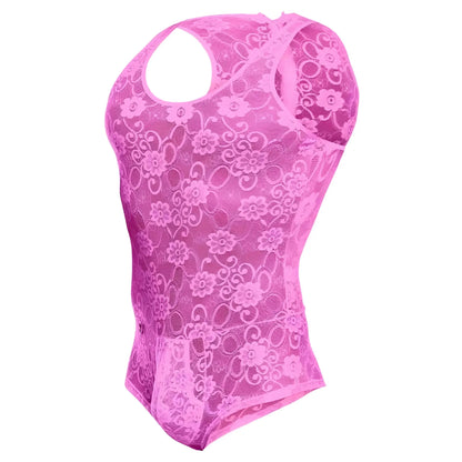 MOB men’s vibrant pink lace bodysuit with floral pattern and halter neckline final sale product image