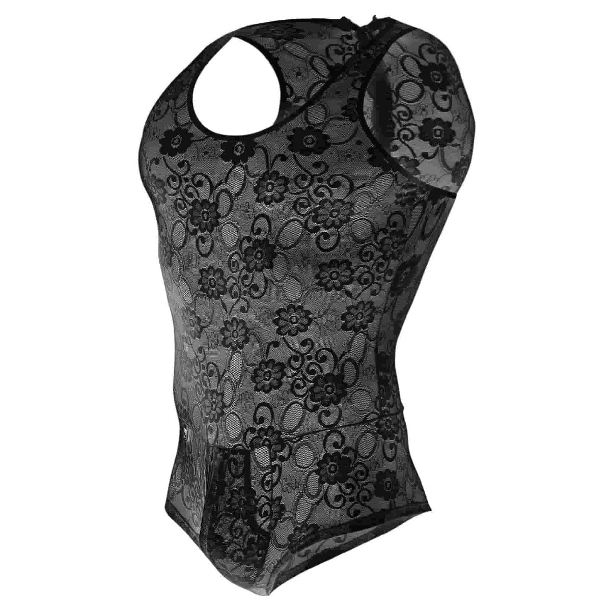 Black floral lace halter top with sheer mesh overlay featured in mob mens lace bodysuit product image