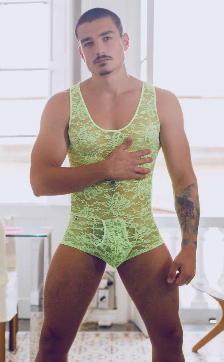 Lime green lace bodysuit with intricate floral patterns from MOB men designed for a stylish fit