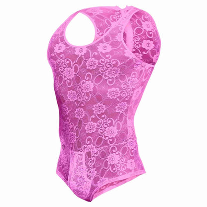 MOB men’s lace bodysuit in vibrant pink with floral pattern and halter neckline for bold fashion statements
