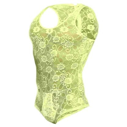 Mob mens lace bodysuit in neon yellow with floral pattern and cut out shoulders made from lace material