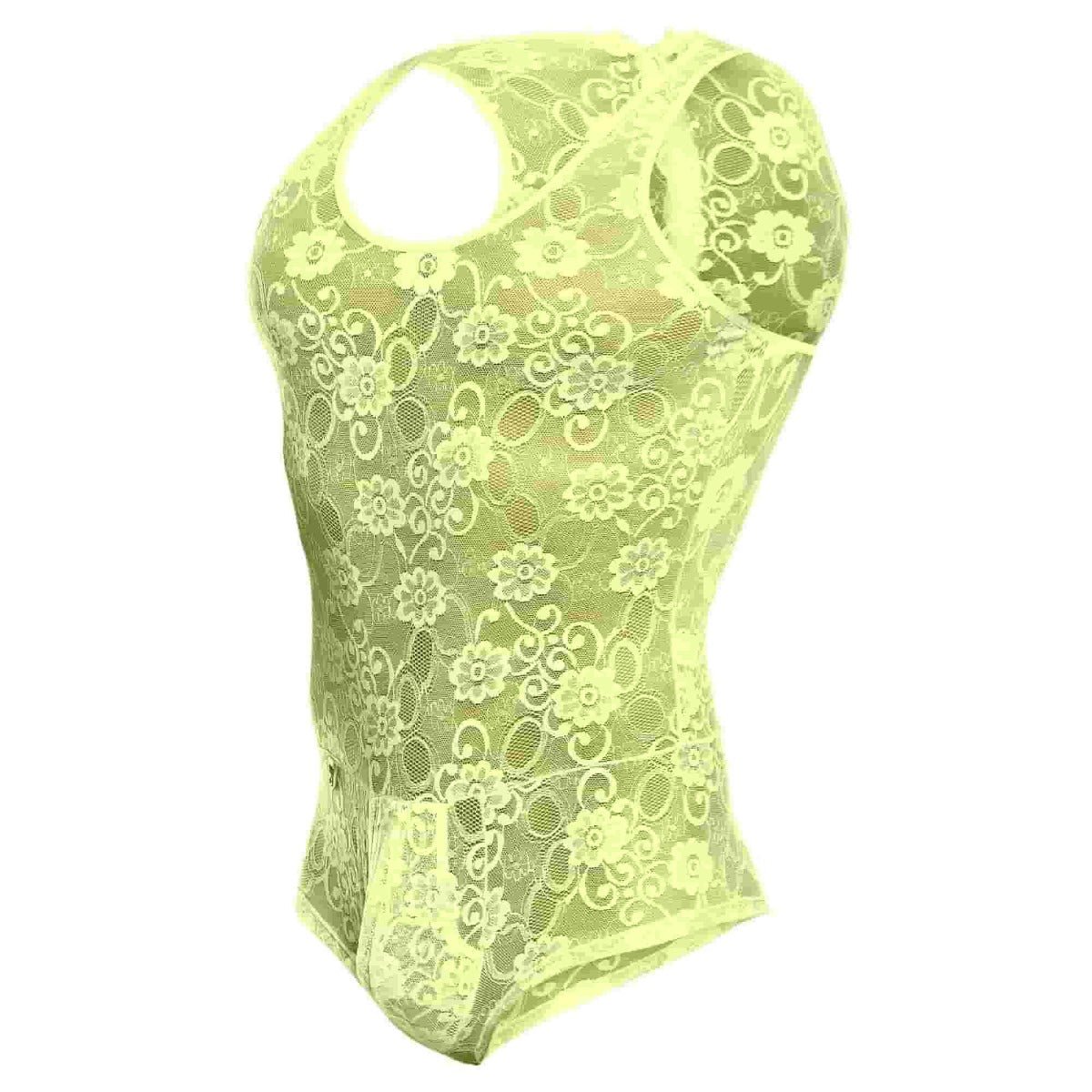 Neon yellow lace bodysuit with floral pattern and cut-out shoulders from mob men’s lace bodysuit collection