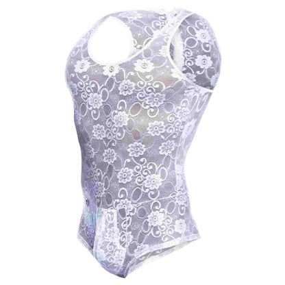 Mob men’s lace bodysuit sheer lavender lace with floral pattern and racerback design shown from the back side