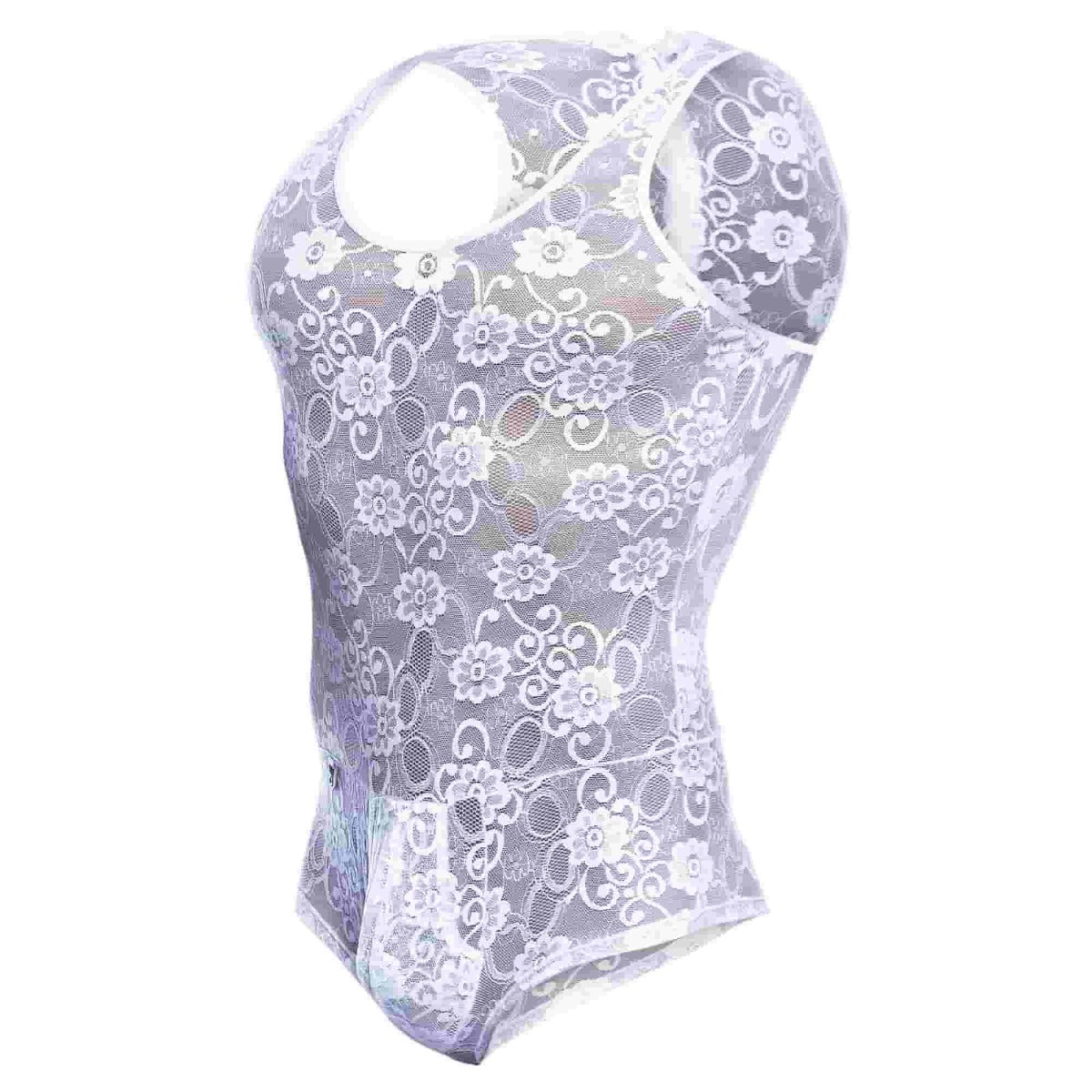 Mob men’s lace bodysuit sheer lavender floral lace bodysuit with racerback design showing back side
