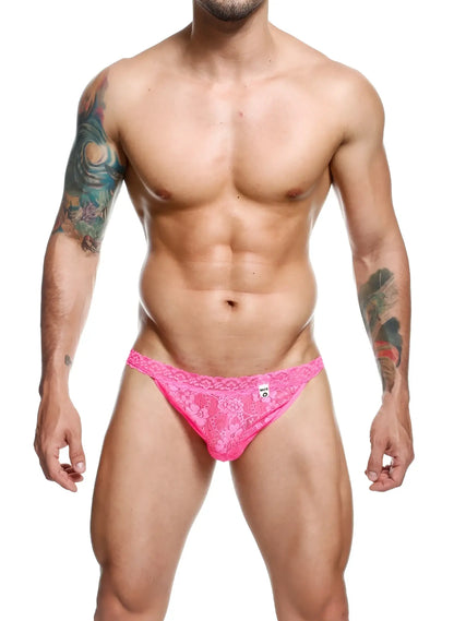 MOB men’s lace jockstrap bright pink lace briefs with delicate floral pattern and a small brand logo on front