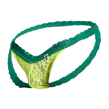 MOB men’s lace jockstrap in emerald green and lime yellow with scalloped edges thong design shown from the back
