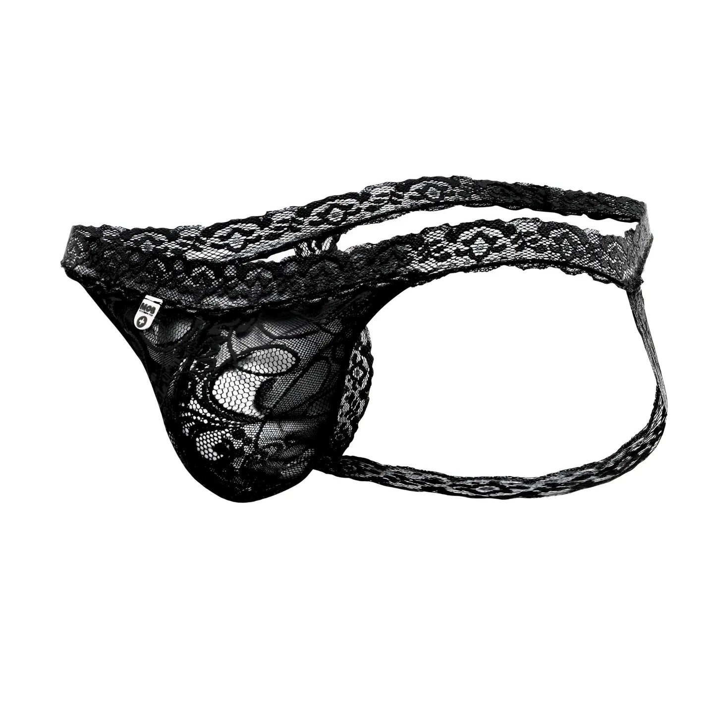 Black lace thong with intricate floral patterns and sheer mesh design in mob men’s lace jockstrap product