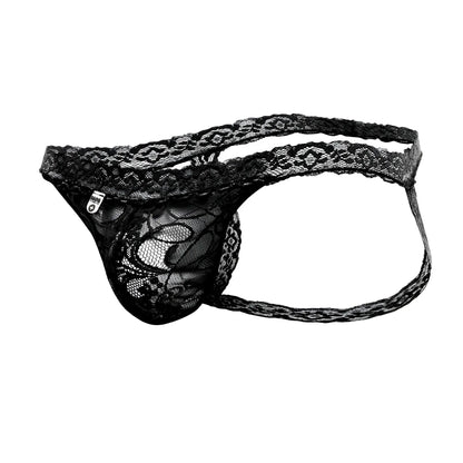 Black lace thong with intricate floral patterns and sheer mesh design in mob men’s lace jockstrap product