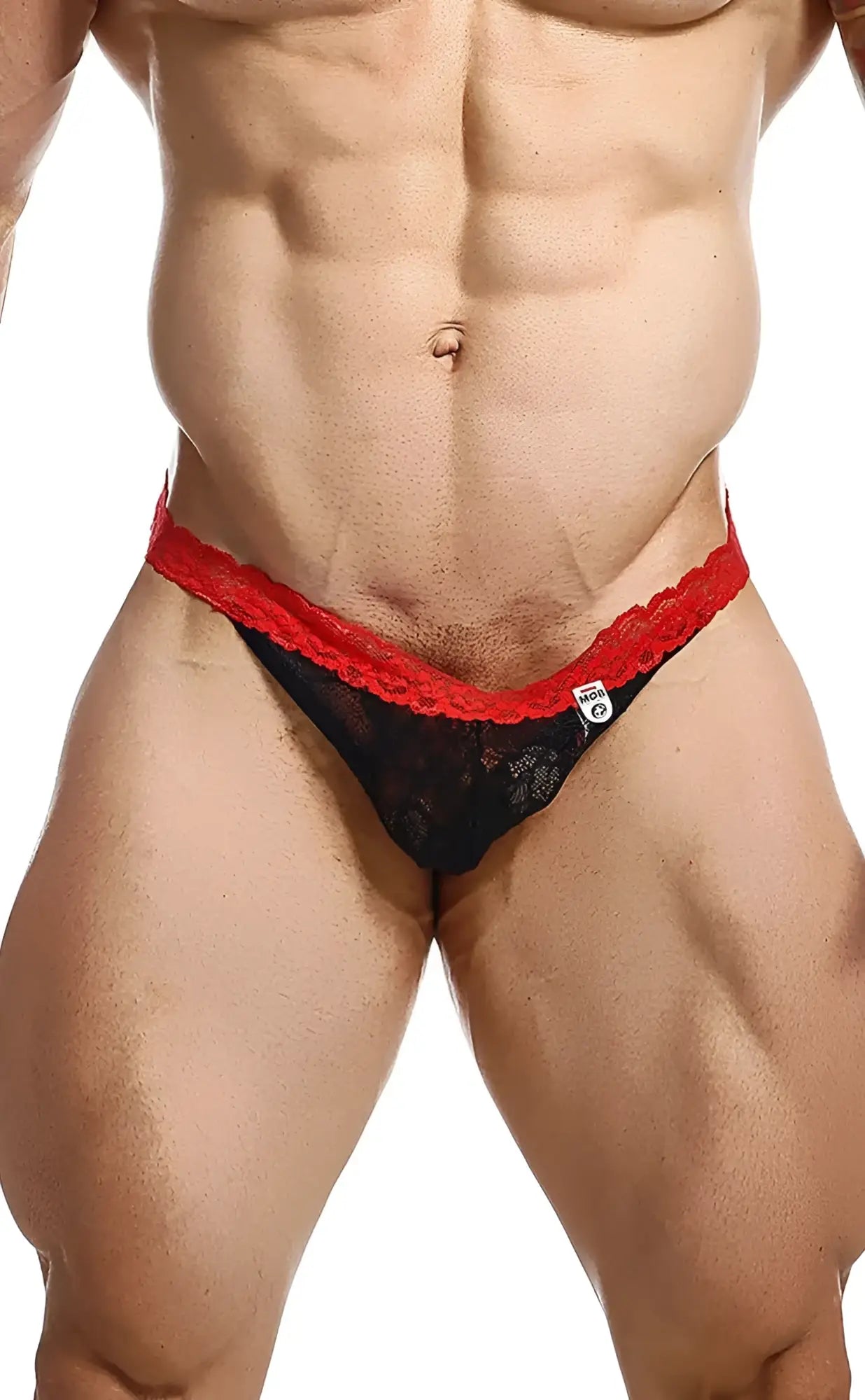 Black lace thong with red scalloped edge trim shown from the back in mob men’s lace jockstrap style