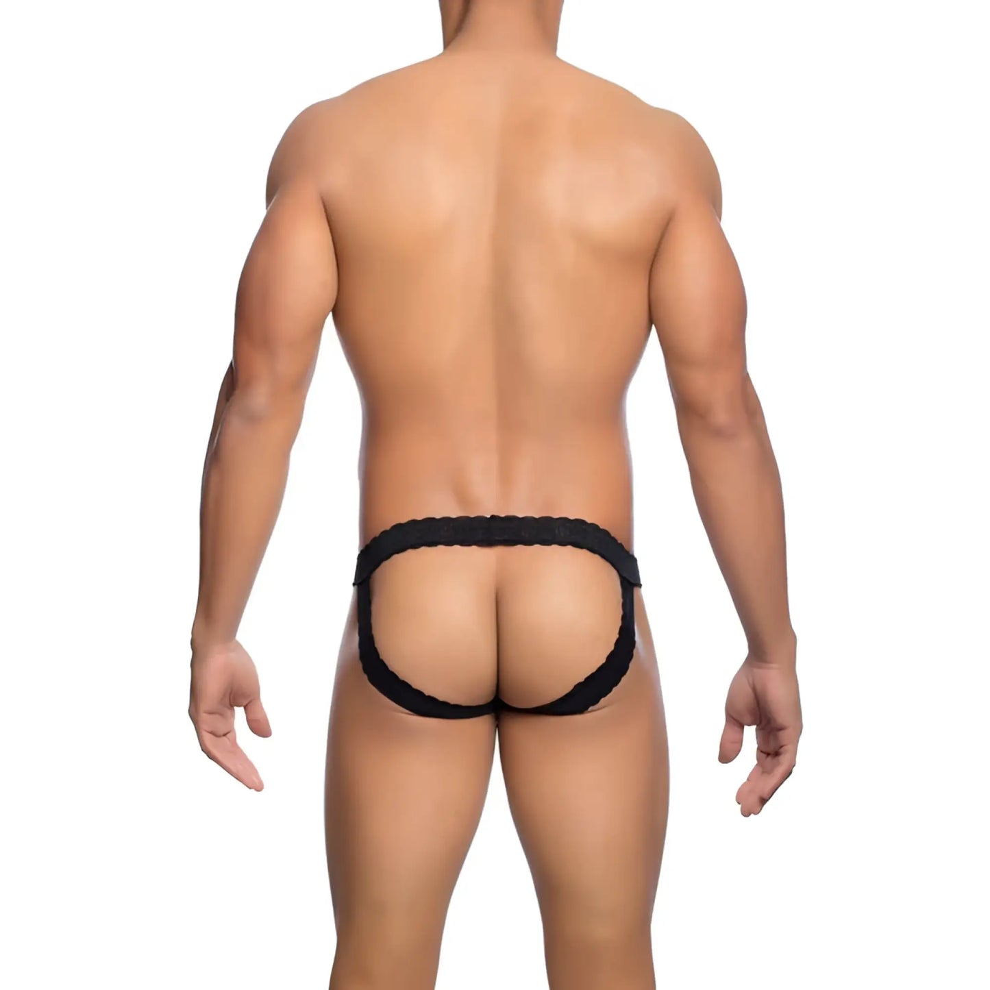 Black lace-trimmed men’s briefs with contoured form-fitting design from mob men’s lace jockstrap collection