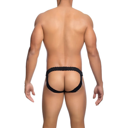 Black lace-trimmed men’s briefs with contoured form-fitting design from mob men’s lace jockstrap collection