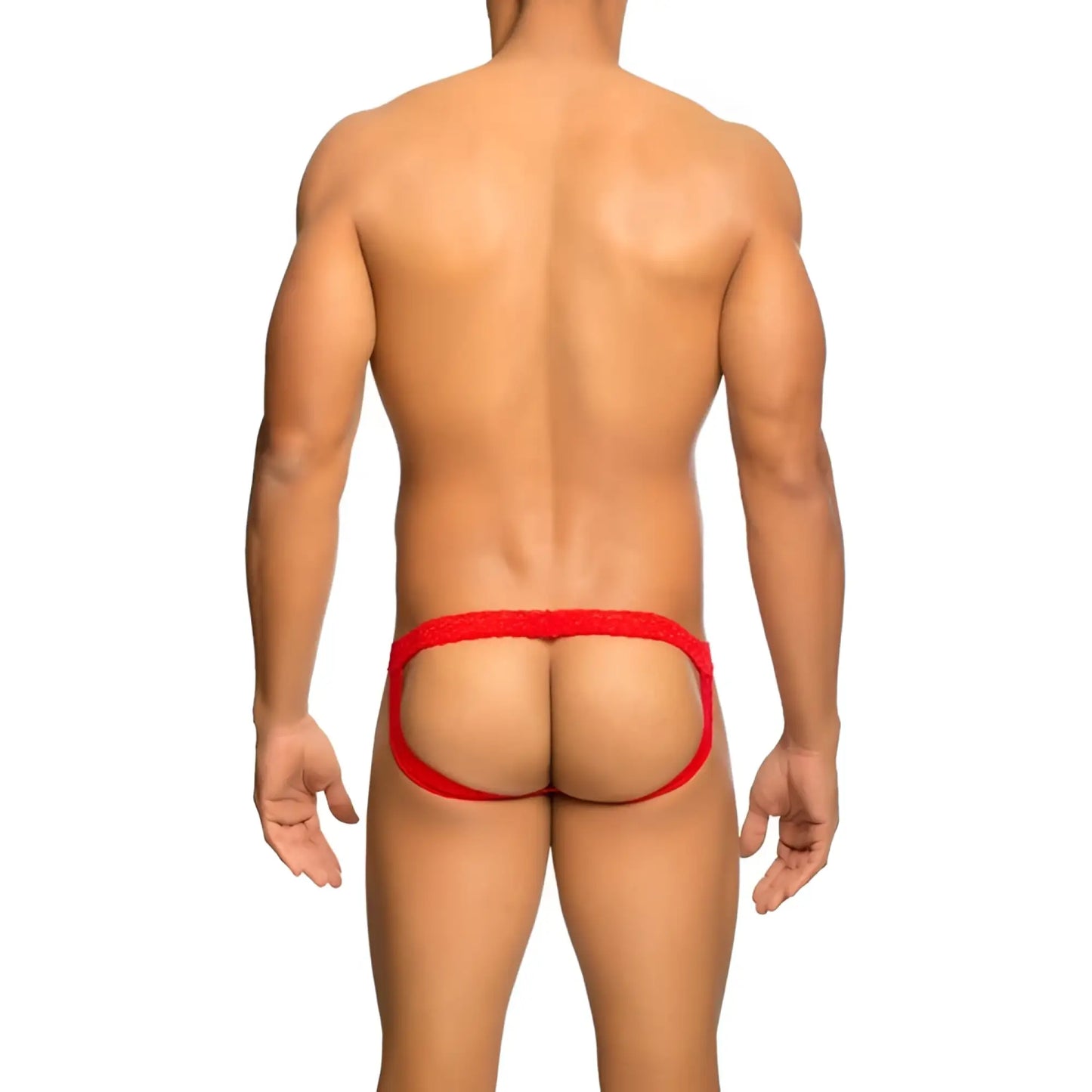 Red form-fitting open-back lace jockstrap briefs with a snug elastic waistband showing the back side