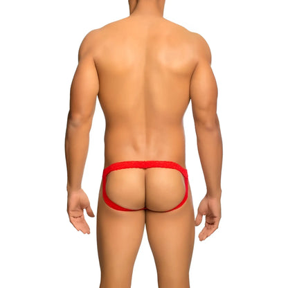 Red form-fitting open-back lace jockstrap briefs with a snug elastic waistband showing the back side