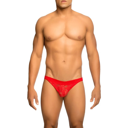 Red lace thong back side featuring a delicate intricate pattern in mob mens lace jockstrap design