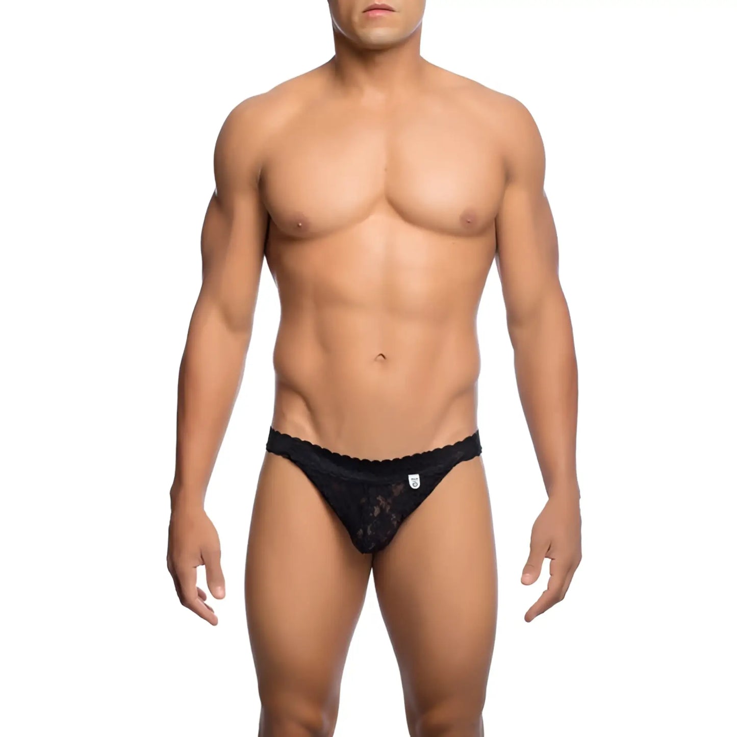 Black lace briefs with scalloped edge and subtle branding on waistband from mob men’s lace jockstrap collection