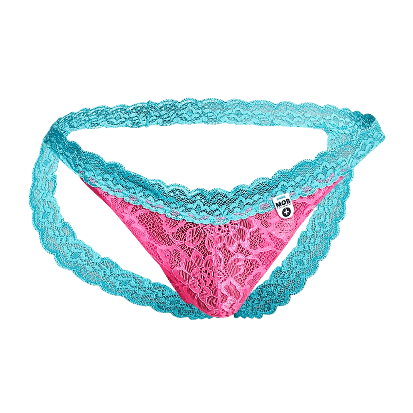 MOB men’s lace jockstrap in vibrant pink and turquoise with intricate floral lace and delicate mesh design featuring branded tag