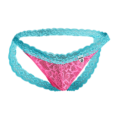 MOB men’s lace jockstrap in vibrant pink and turquoise with intricate floral lace and delicate mesh design featuring branded tag