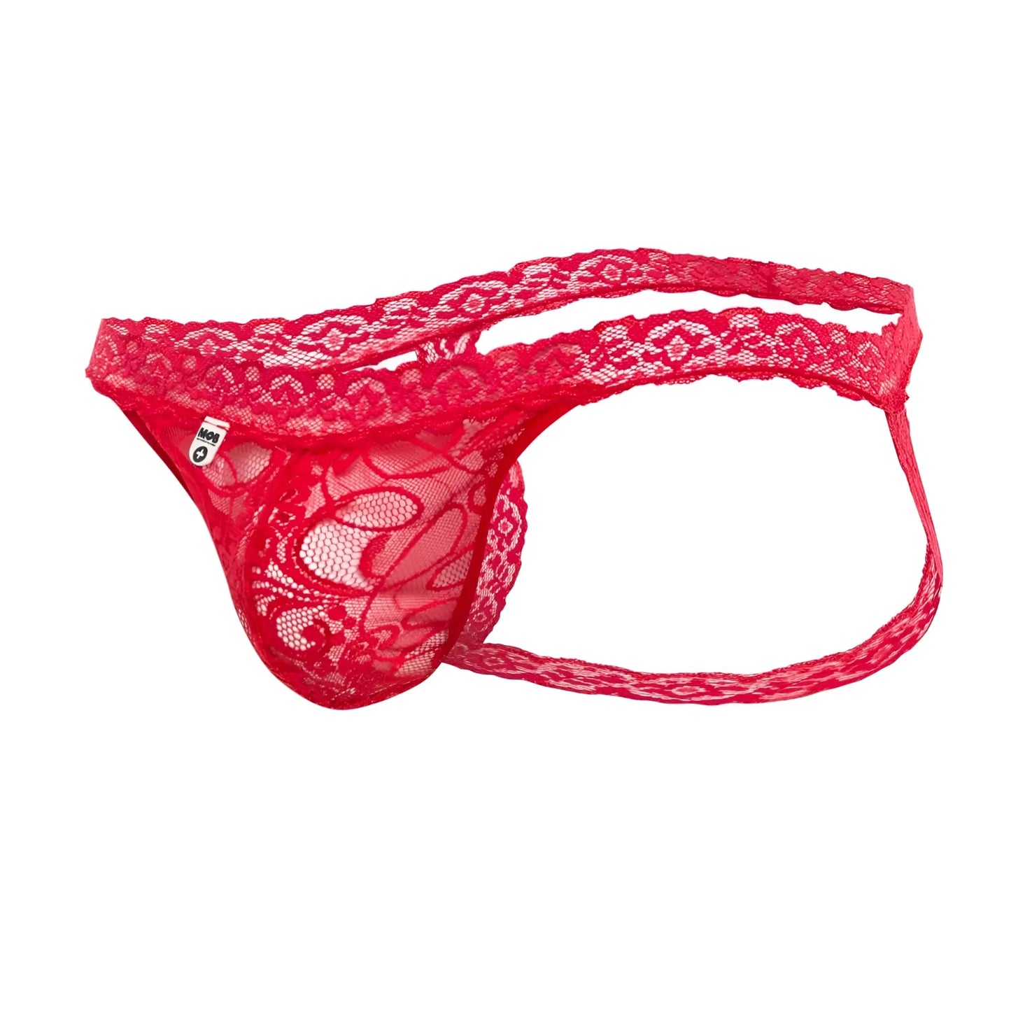 Mob mens lace jockstrap in red featuring intricate floral patterns and sheer mesh design front view