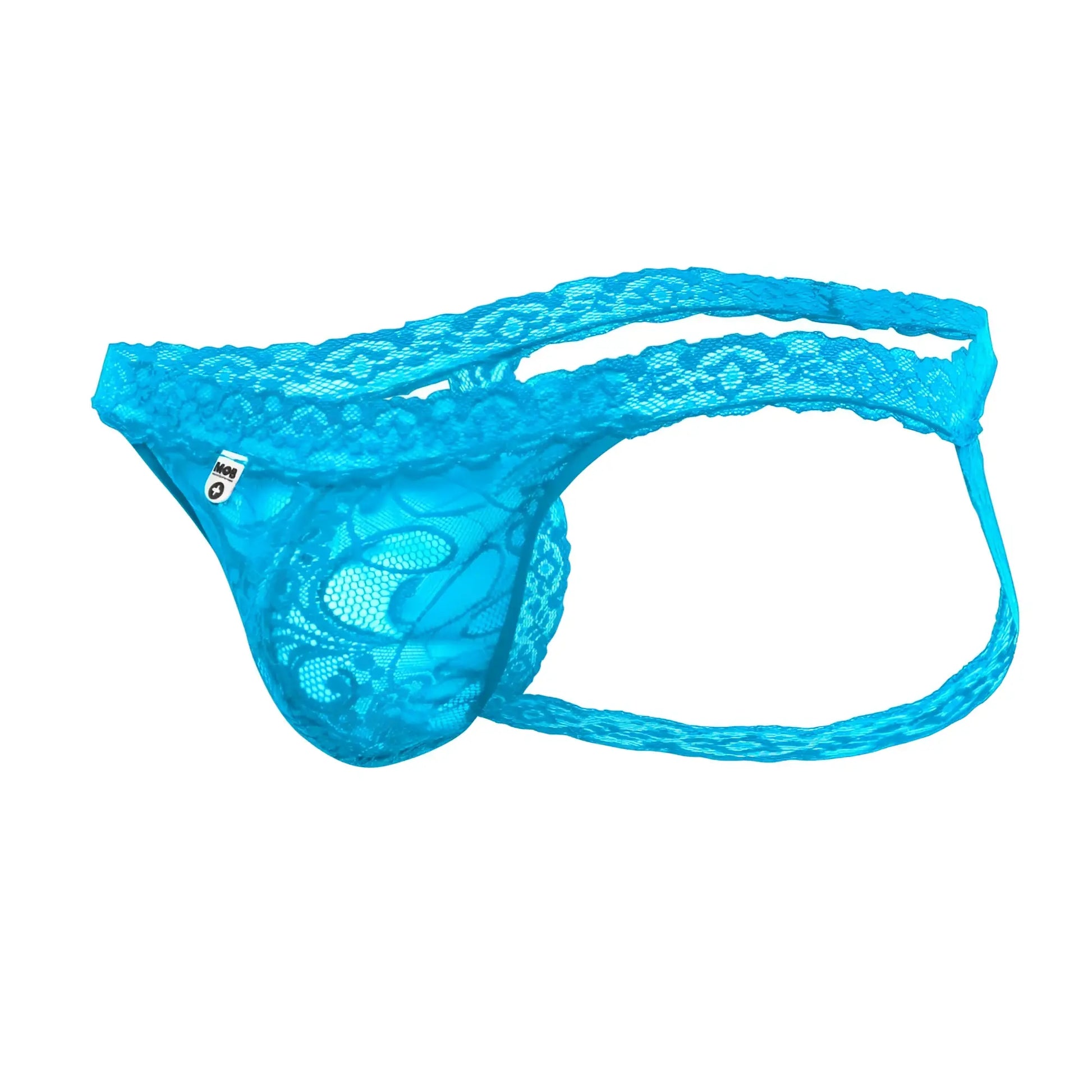 Mob men’s lace jockstrap in bright turquoise with intricate floral lace patterns and a supportive contoured design
