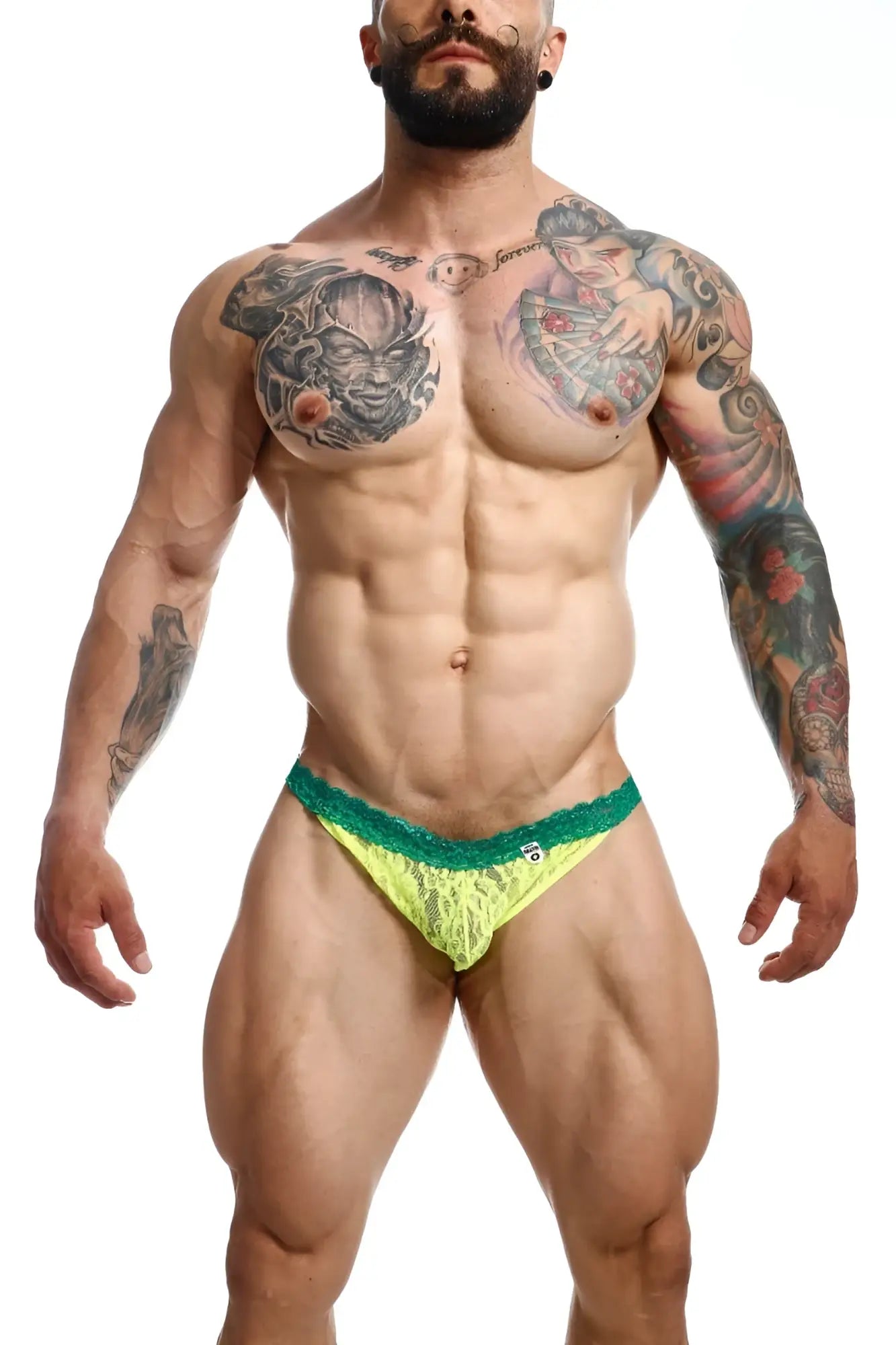 Neon green lace briefs with teal trim in mob men’s lace jockstrap showing front design and material details