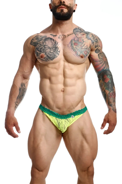 Neon green lace briefs with teal trim in mob men’s lace jockstrap showing front design and material details