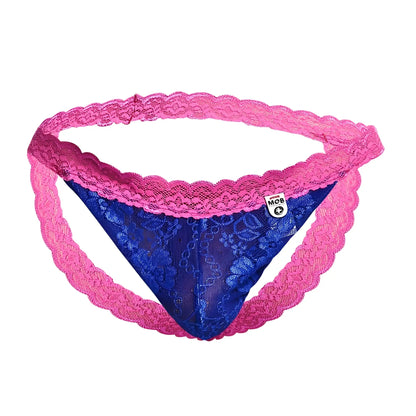 Mob men’s lace jockstrap in vibrant pink and royal blue with scalloped edges and sheer mesh panel center