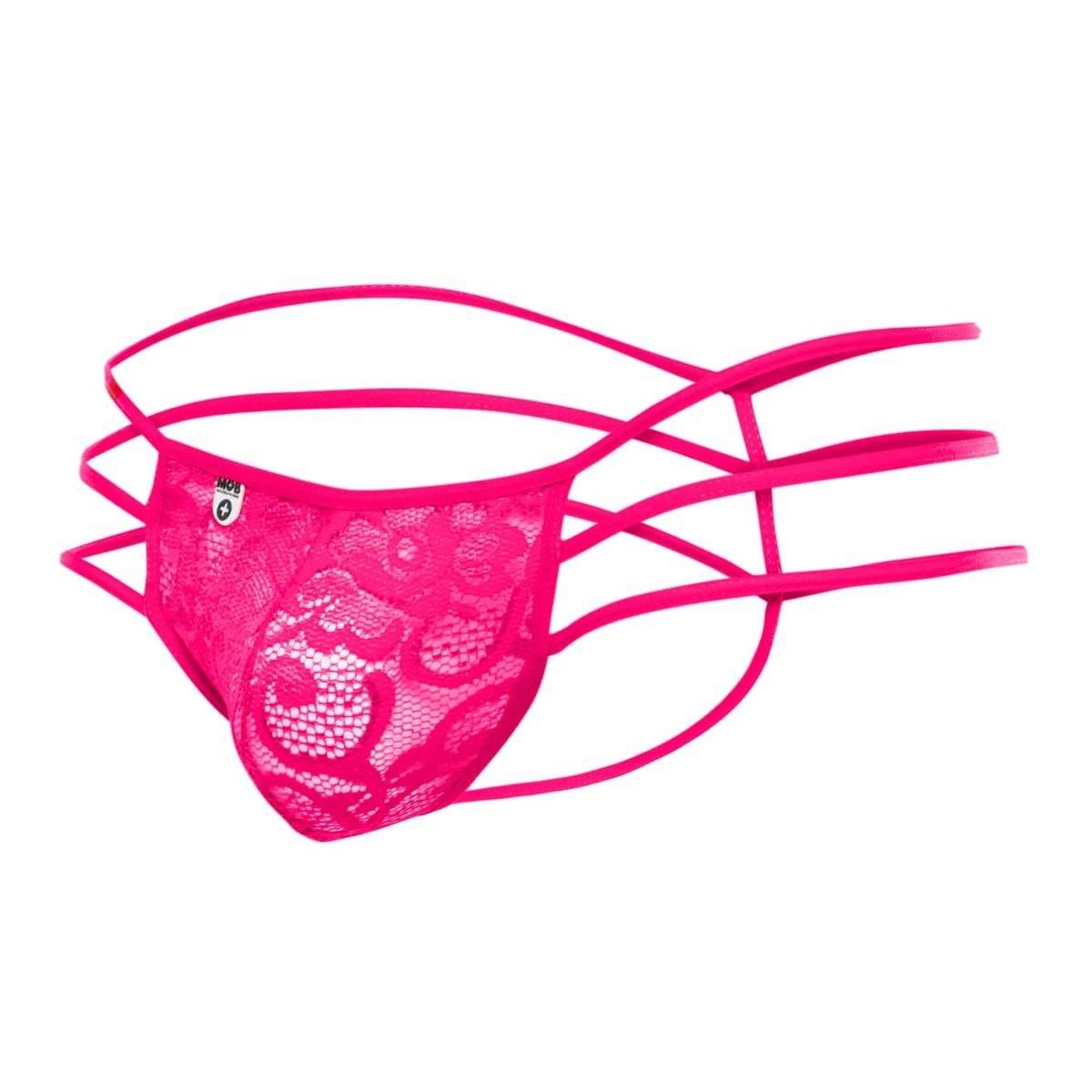 Mob men’s lace pouch thong bright pink lace with crisscross straps and skull motif front view