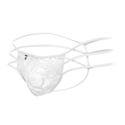 White lace thong by mob with multiple thin straps and delicate floral pattern designed for men