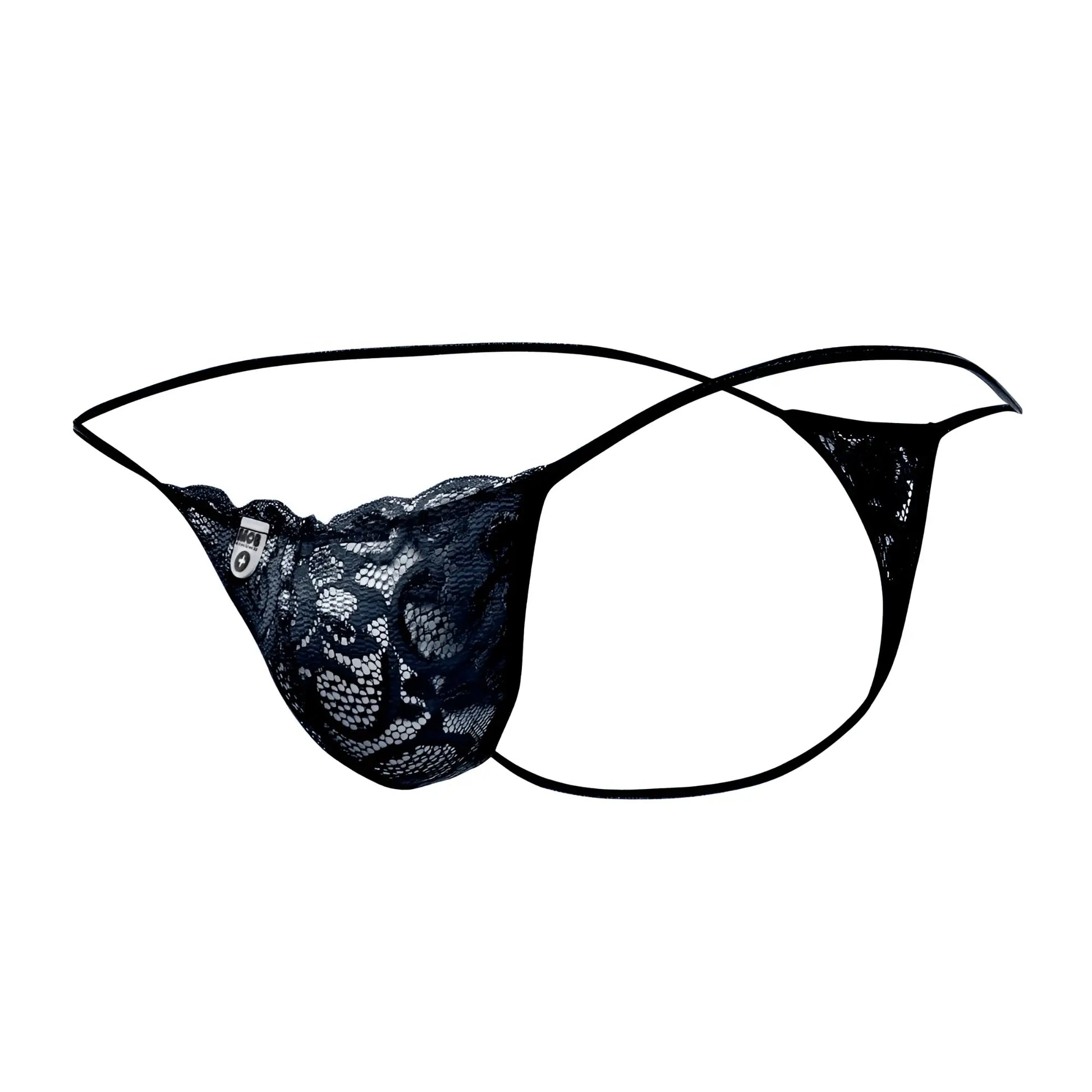 MOB men’s lace thong in black with delicate floral patterns and thin adjustable straps shown from the back side