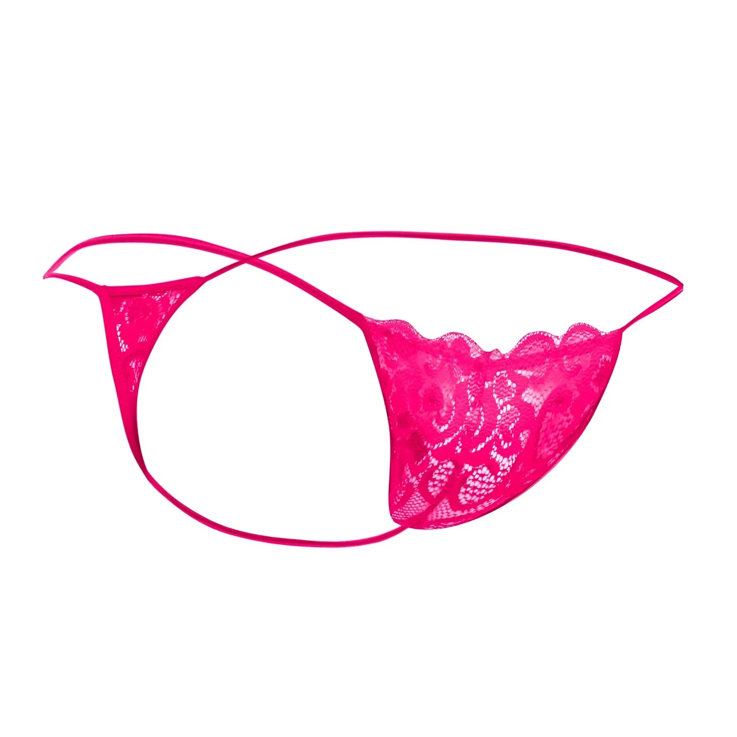 Mob men’s lace thong in bright pink with scalloped lace edge and thin matching elastic straps visible from the front