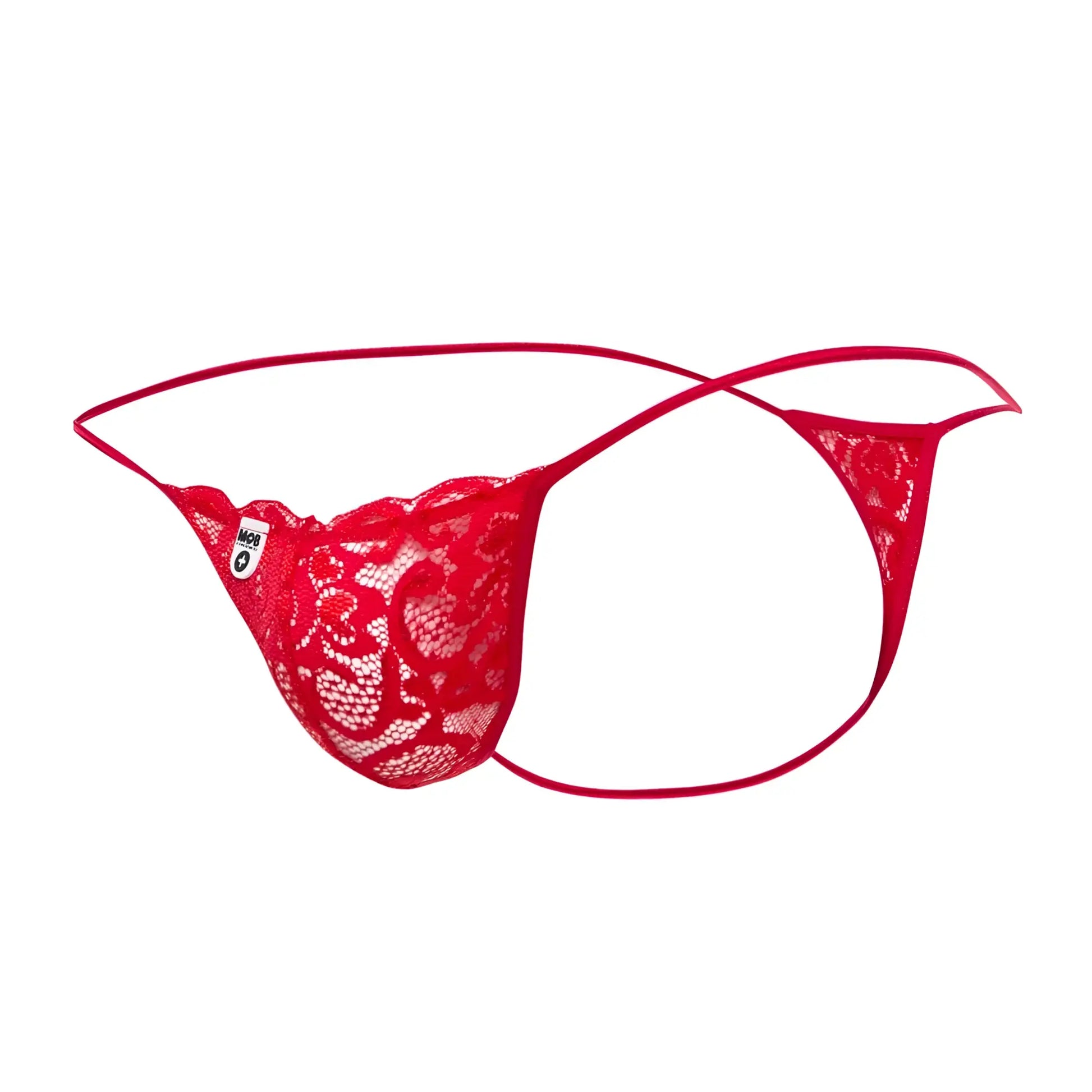 Red lace thong by mob men featuring intricate floral patterns and thin matching elastic straps displayed from the front