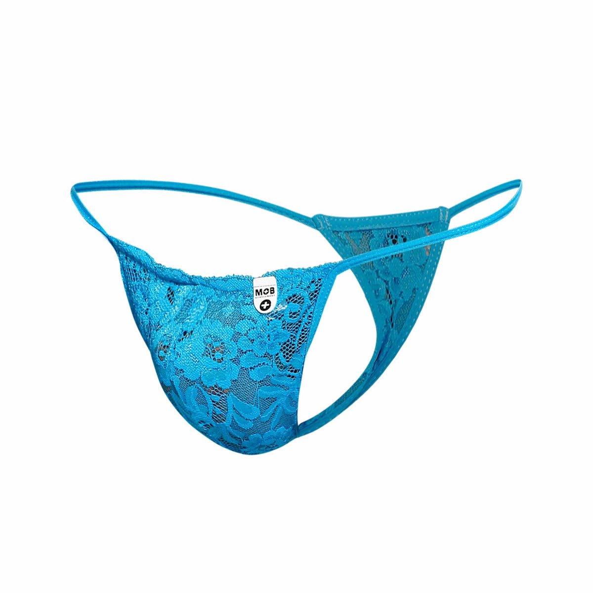 A vibrant blue mob men’s lace thong with delicate floral patterns and thin elastic straps