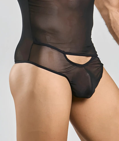 Black sheer mesh briefs with cutout design from mob mens sexy all over sheer body lingerie collection