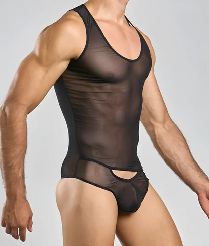 Mob men’s sexy all over sheer body black mesh one-piece bodysuit with scoop neckline and waist cutout detail
