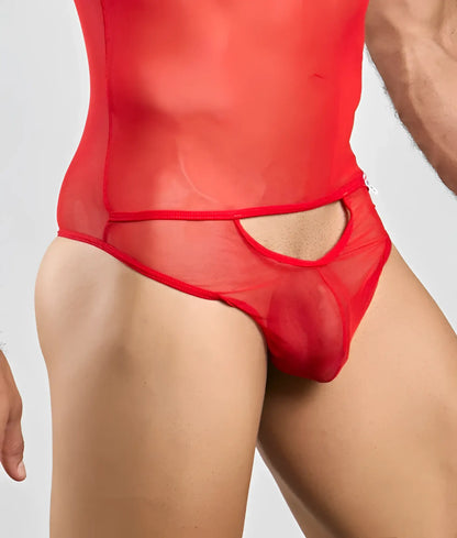Mob men’s sexy all over sheer body red sheer mesh men’s underwear with a cutout design front view