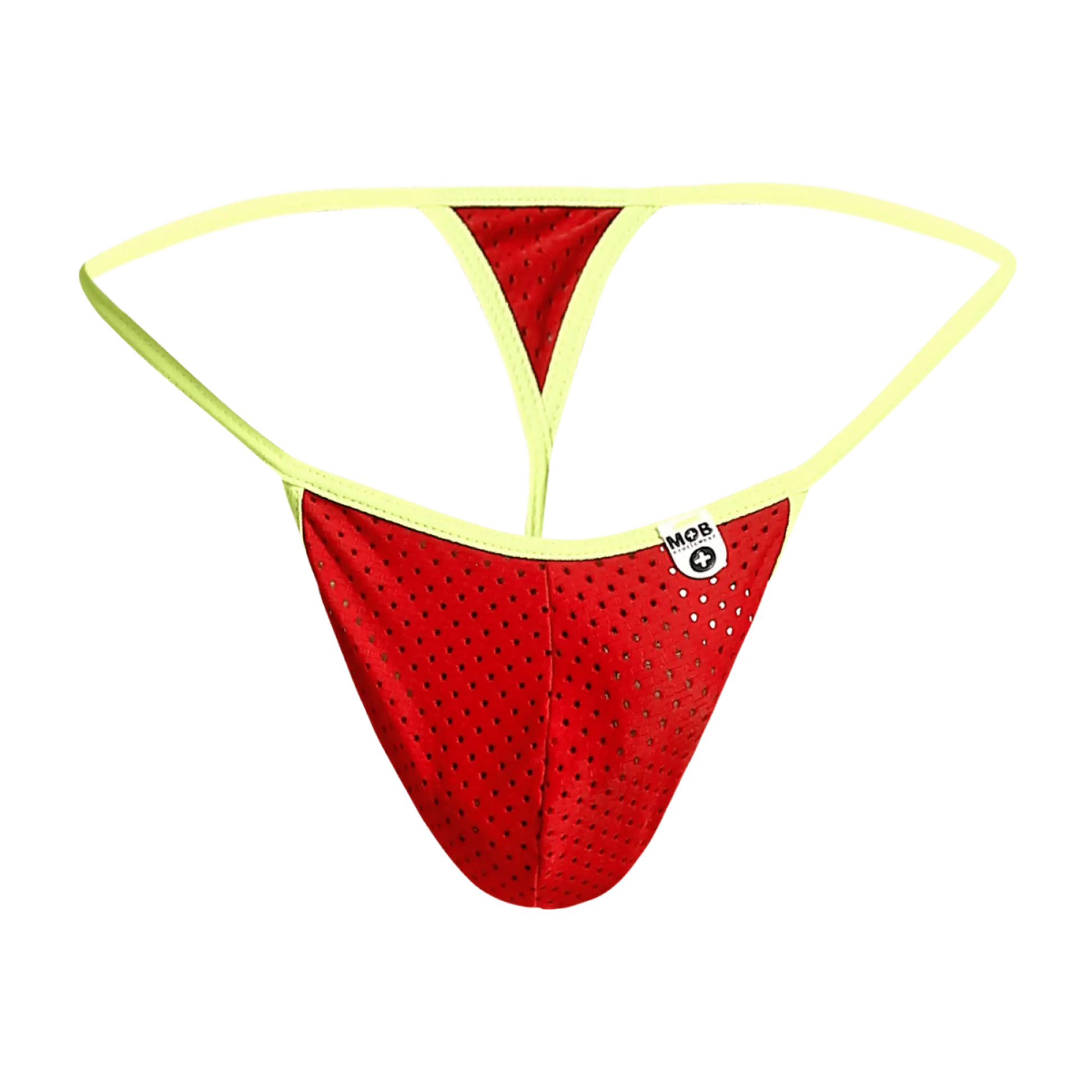 Mob men’s sexy microfiber g-string in red perforated mesh with neon yellow trim and small white brand tag