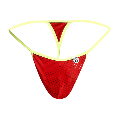 Mob men’s sexy microfiber g-string in red perforated mesh with neon yellow trim and small white brand tag