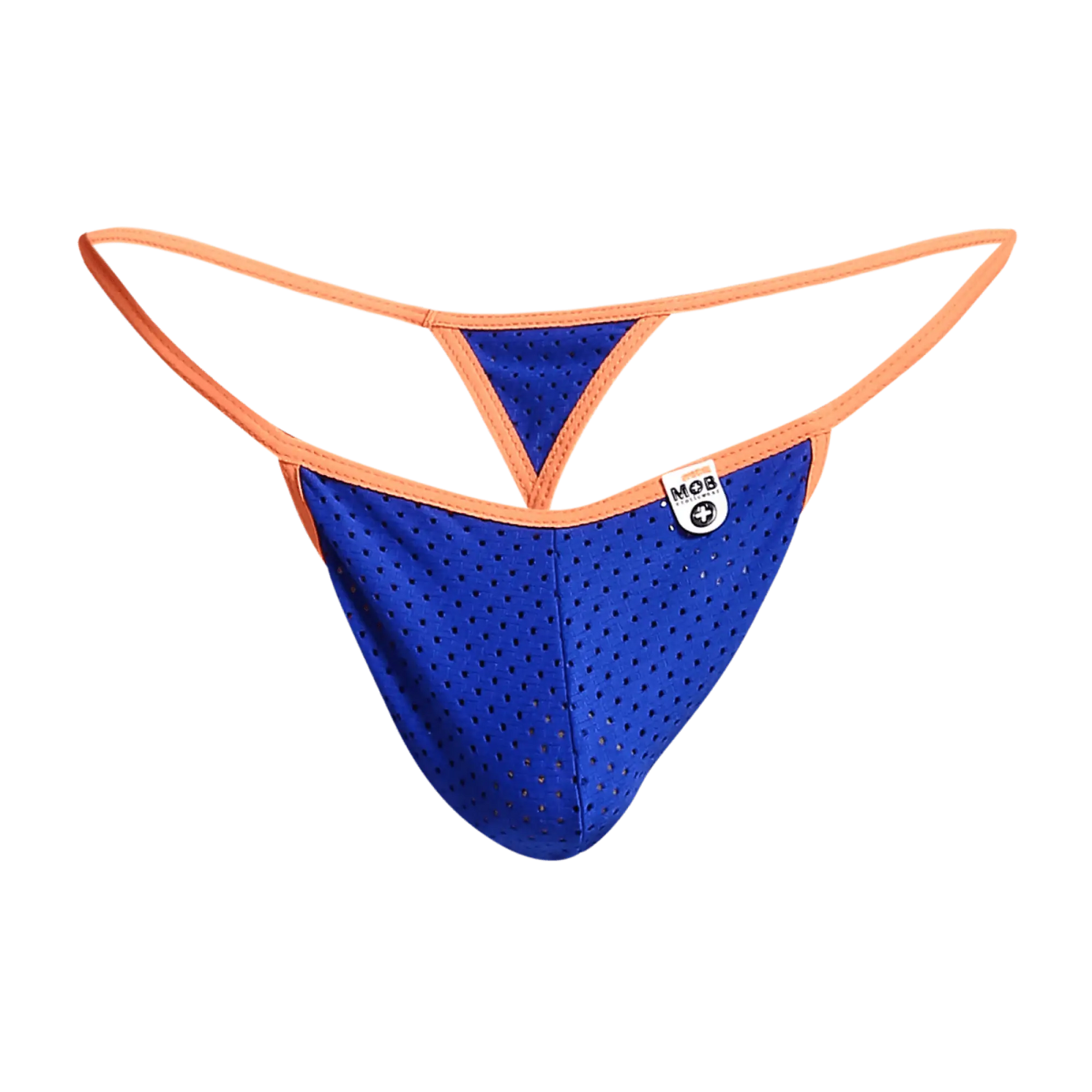 MOB men’s sexy microfiber g-string in blue perforated mesh with orange trim and small white brand tag