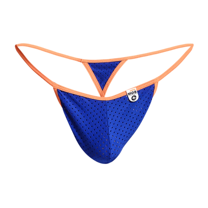 Mob men’s sexy microfiber g-string in blue perforated mesh with orange trim and small white brand tag