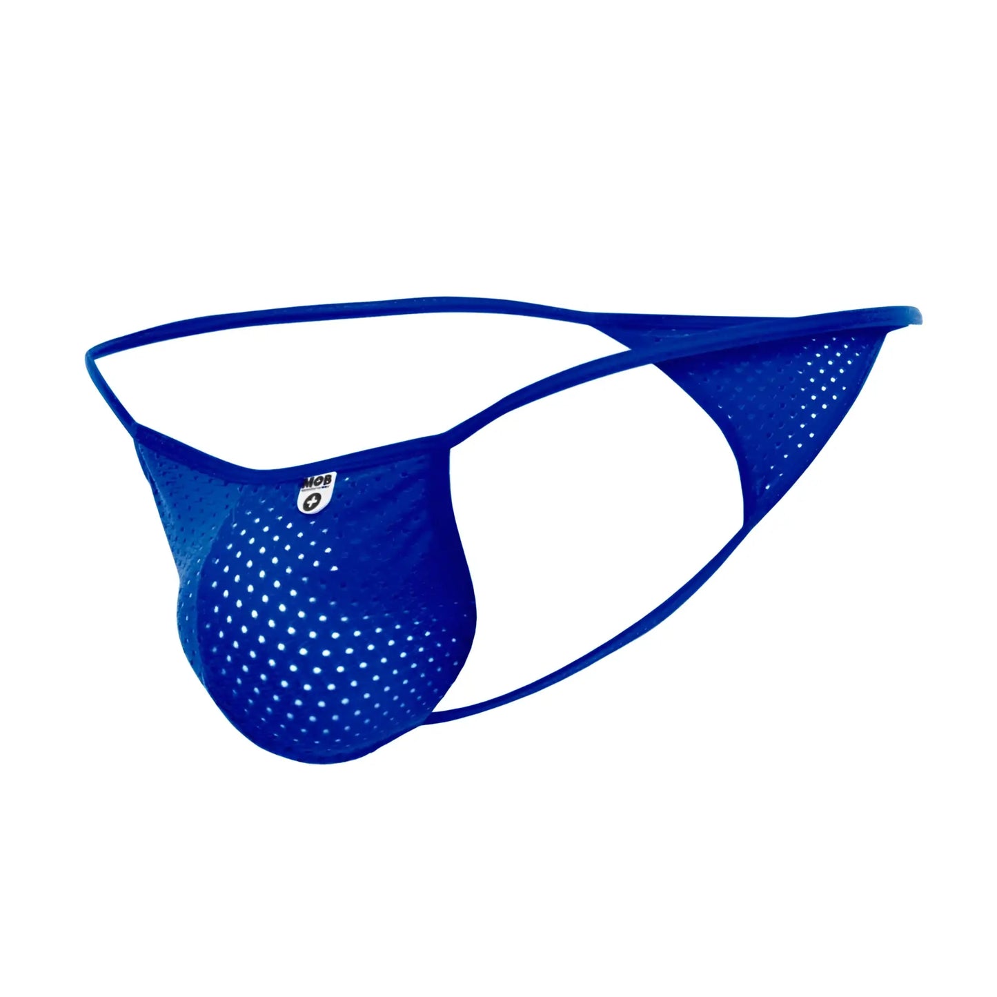 Blue mesh microfiber thong with perforated design and small side logo from MOB mens sexy micro G-string collection