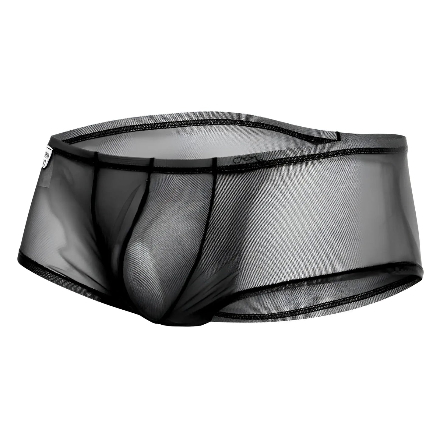 Mob men’s sexy sheer hip brief black sheer mesh underwear with black elastic trim front view