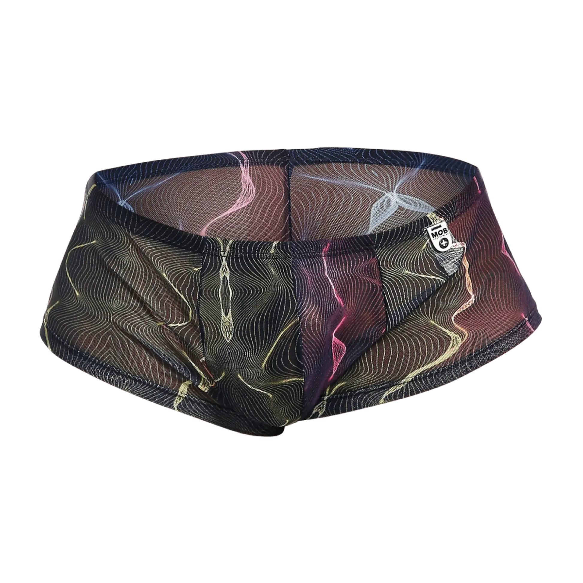 Mob men’s sexy sheer hip brief black mesh swim trunks with neon pink and gold abstract wave pattern