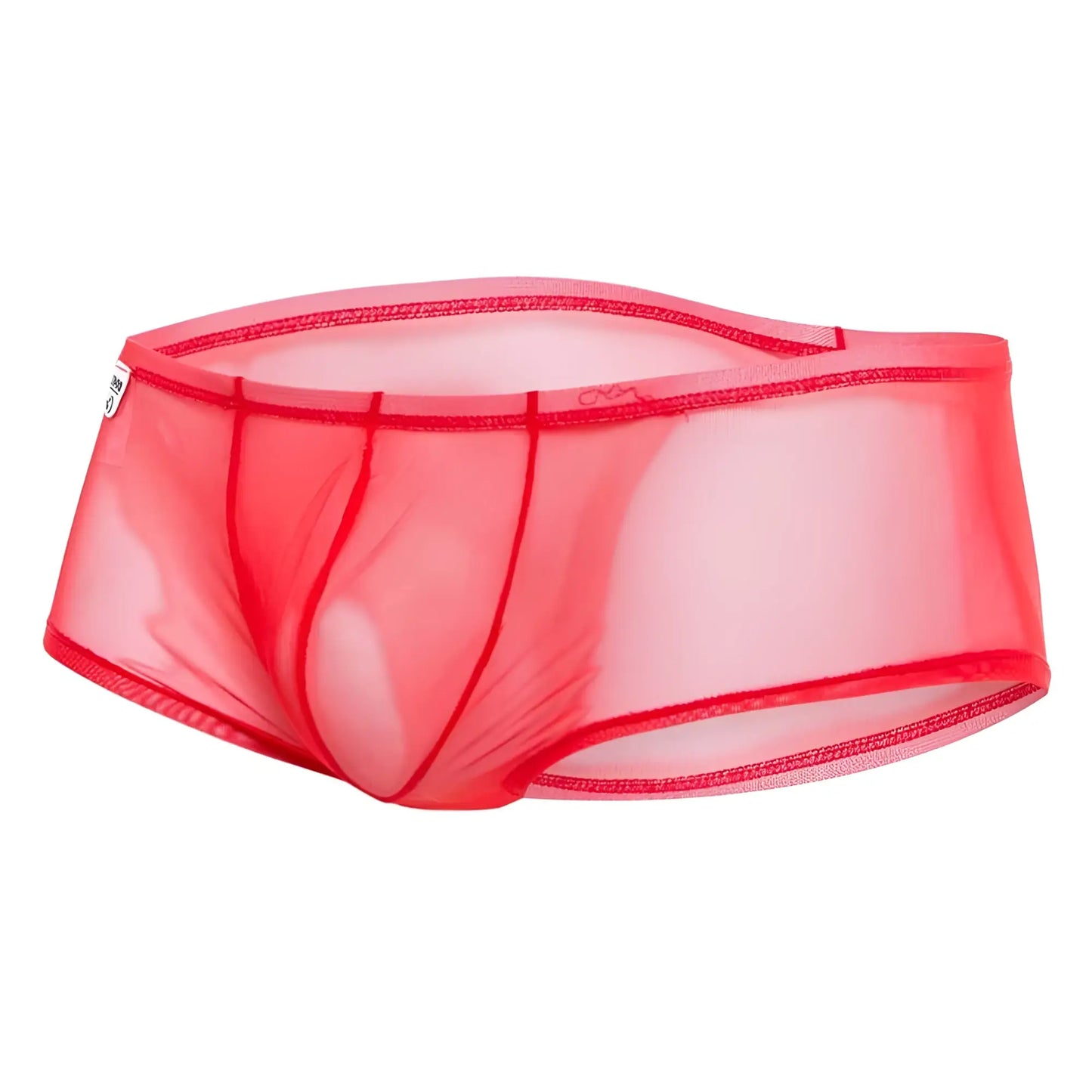 Mob men’s sexy sheer hip brief in red sheer mesh with reinforced stitching along the edges front view